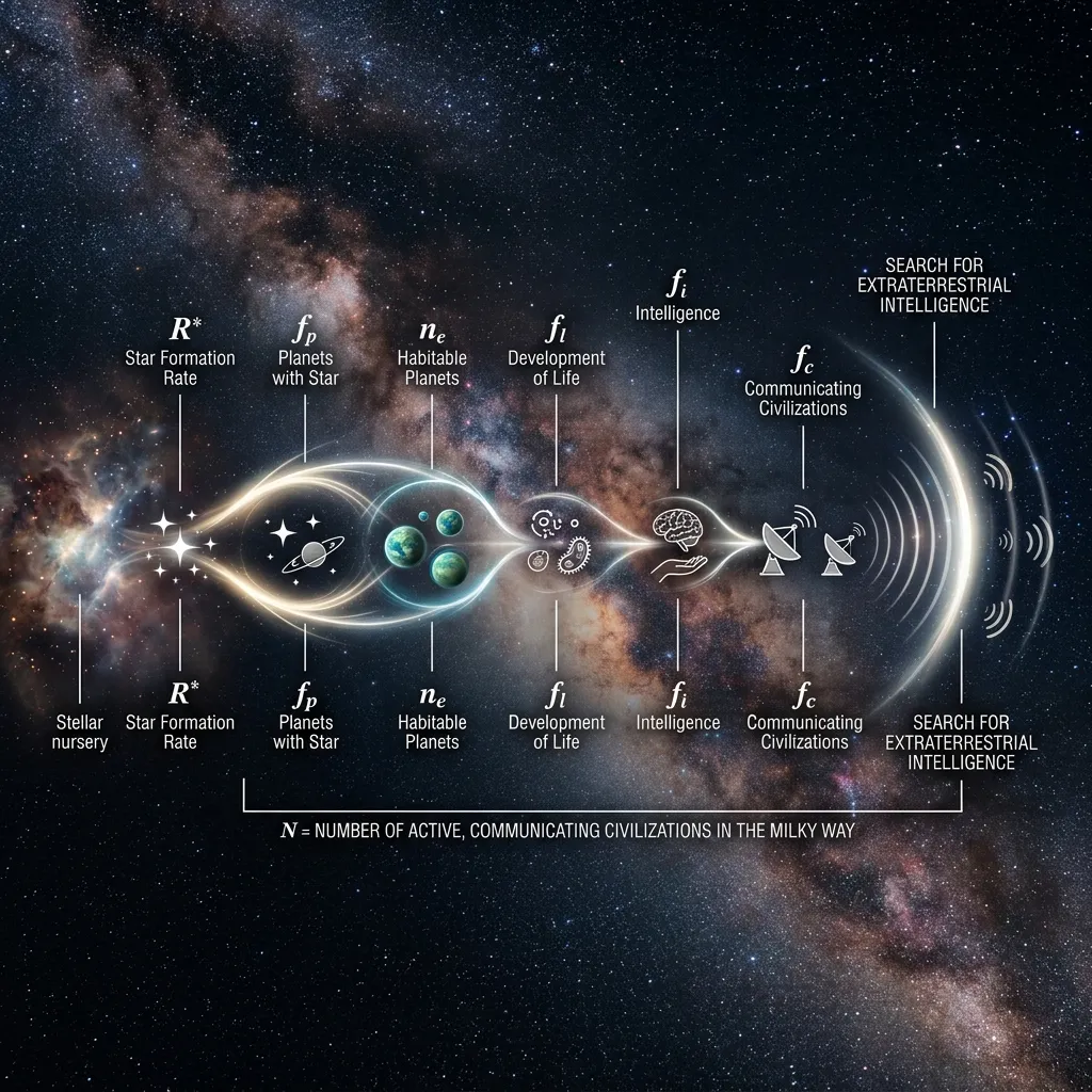 A stylized infographic of the Drake Equation. 7 variables shown as icons: Stars -> Planets -> Earths -> Life -> Intelligence -> Tech -> Time. Show the funnel narrowing down to one question mark.