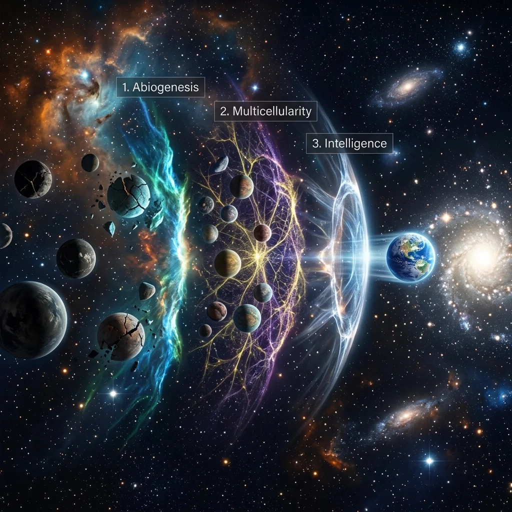 Visualizing "The Great Filter". A series of hurdles (Abiogenesis, Multicellularity, Intelligence). Many planets try to jump them, but most crash. Only one (Earth) is shown clearing the final hurdle towards the stars.