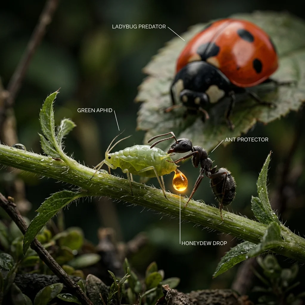 Macro photograph style illustration. A green Aphid is drinking from a plant stem. An Ant is standing behind it, tapping the aphid with its antennae. The Aphid releases a drop of honeydew for the ant. A Ladybug looms in the background like a tank.