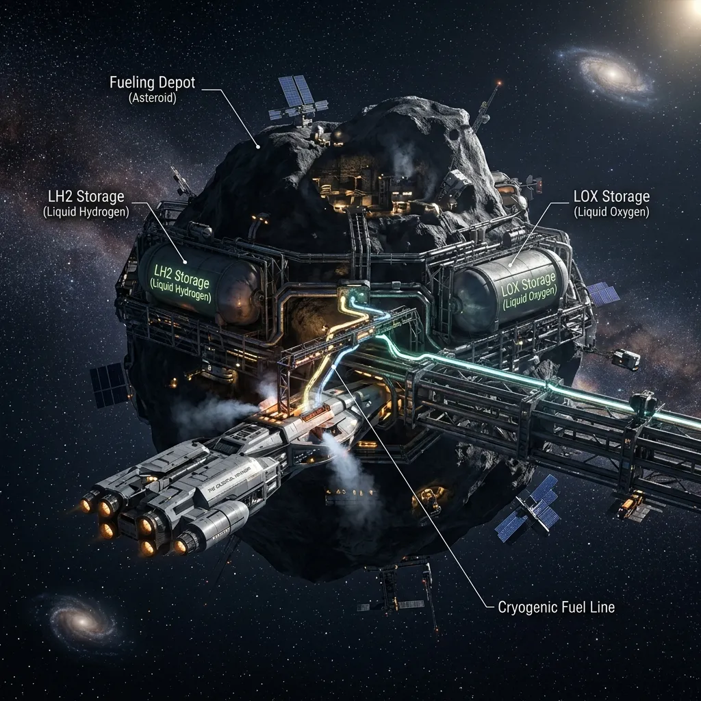 Diagram of a 'Space Gas Station'. A spaceship docking with a hollowed-out asteroid. Large tanks of Liquid Hydrogen ($LH_2$) and Liquid Oxygen ($LOX$) are being pumped into the ship. Label: The cosmic pit stop.