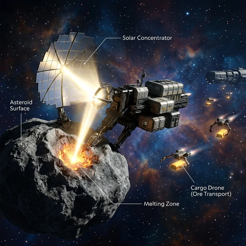 Futuristic concept art. A robotic mining ship anchored to a lumpy grey asteroid. A giant mirror focuses a beam of sunlight to melt the rock. Cargo drones are flying away with processed ingots of gold.