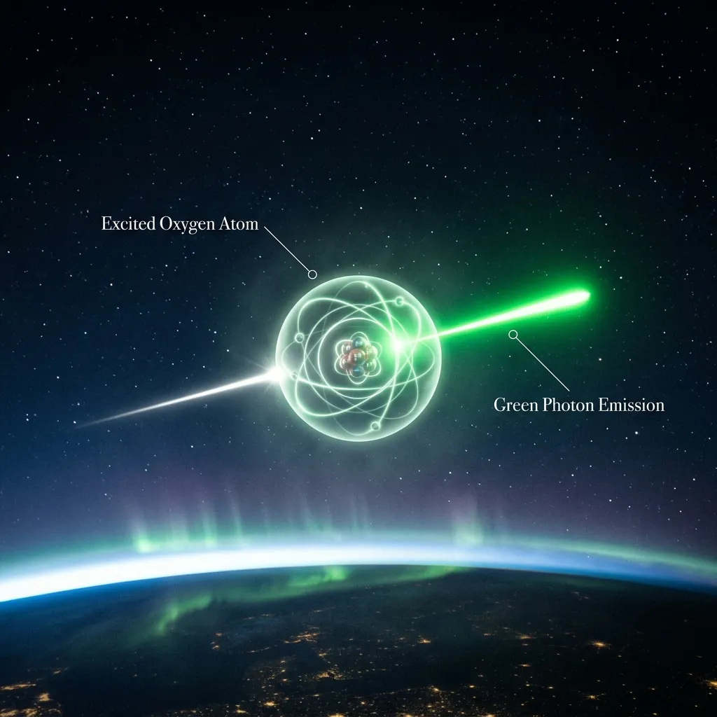 A cinematic macro visualization of a glowing oxygen atom emitting a pure green photon of light