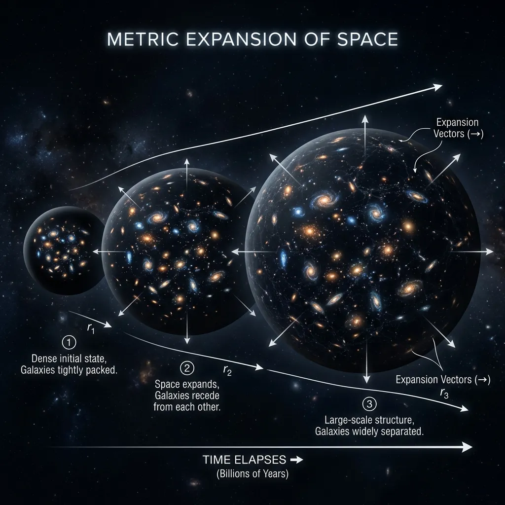 3 Balloons inflating. T=1, T=2, T=3. Dots on the surface (Galaxies) moving apart. Arrows show expansion. Label: Metric Expansion of Space.