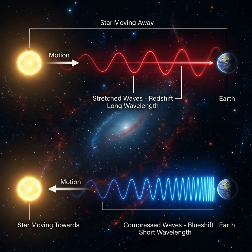 Diagram of Redshift. A Star moving away from Earth. The light waves leaving the star are stretched out (Long Wavelength = Red). A Star moving towards Earth has squashed waves (Short Wavelength = Blue).