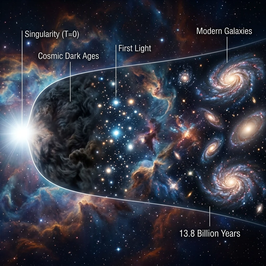 Timeline of the Universe. Left: A bright white singularity (T=0). Middle: Dark Ages (opaque fog). Right: First Stars igniting. Far Right: Modern Galaxies. Label: 13.8 Billion Years.