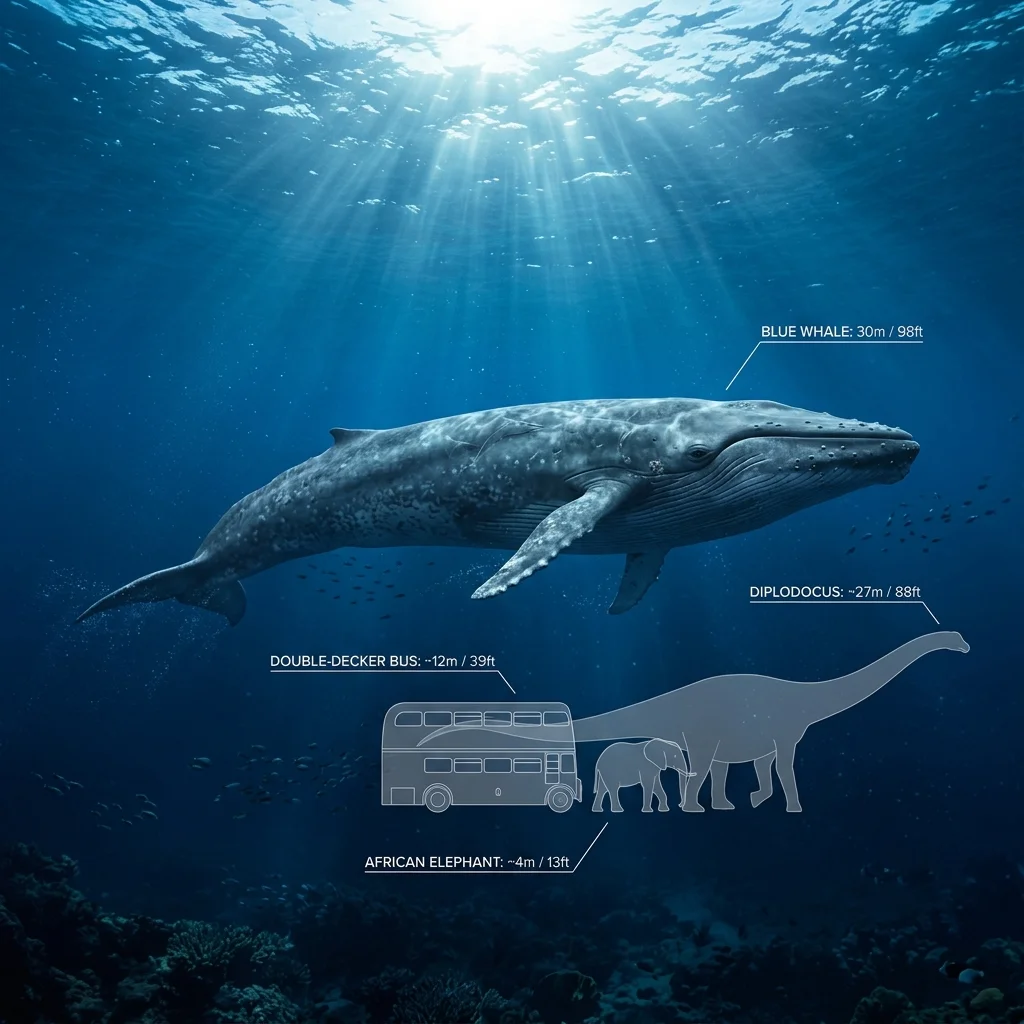 Scale diagram comparing a Blue Whale to a Bus, Elephant, and Dinosaur