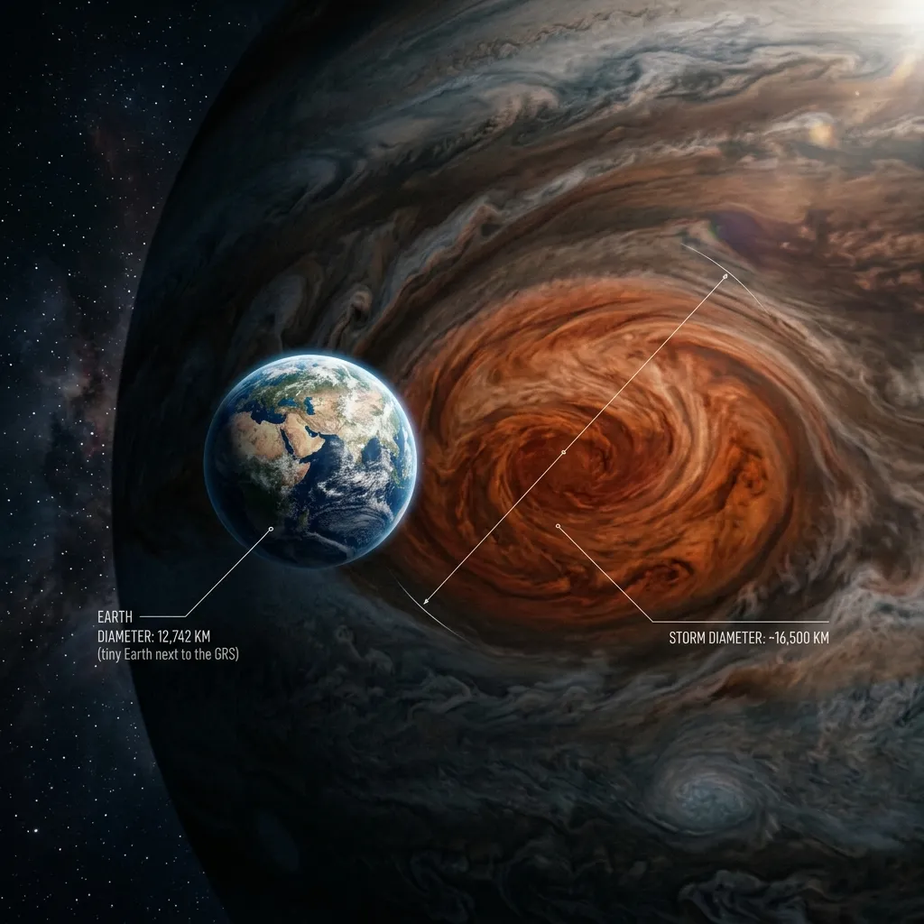 Diagram comparing the size of the Great Red Spot to Earth