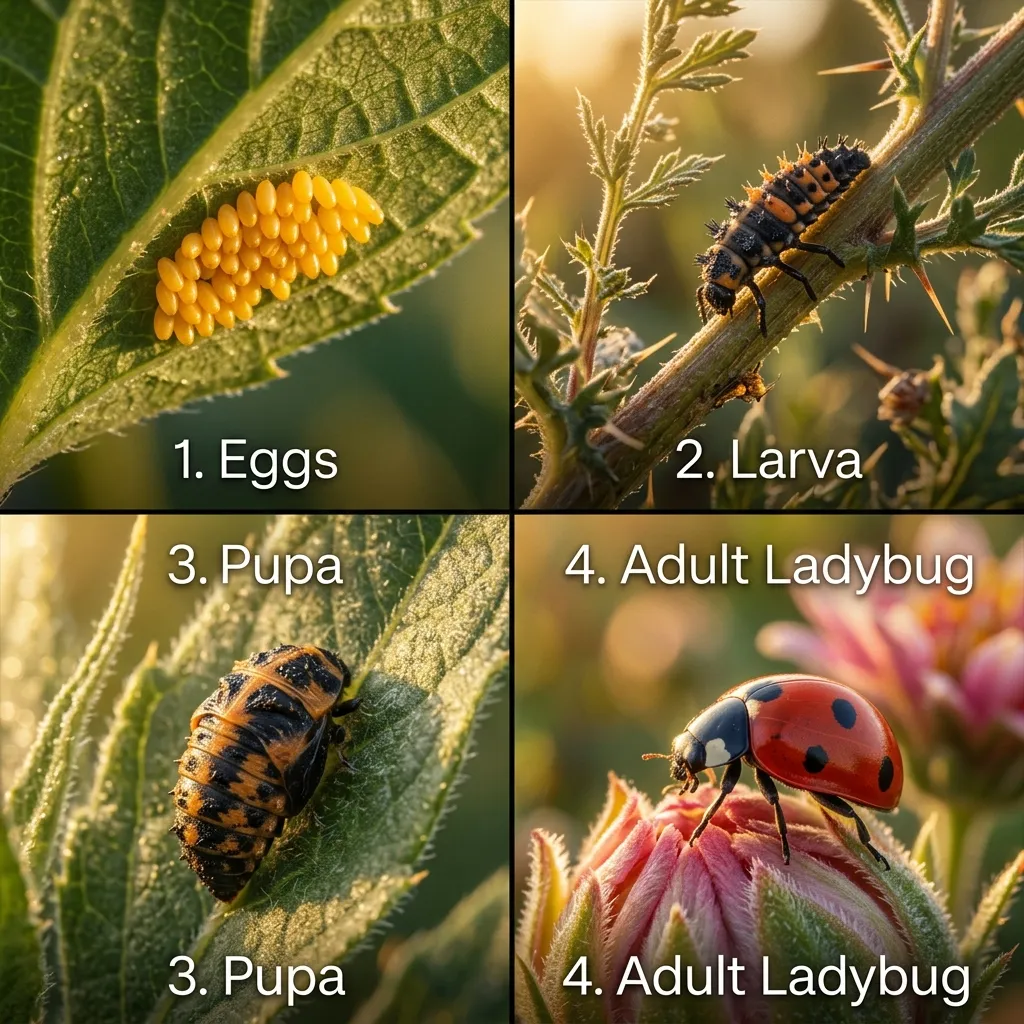 Diagram of Ladybug Lifecycle. 1. Eggs (Yellow clusters). 2. Larva (Black/Orange Spiky Alligator). 3. Pupa (Orange shell attached to leaf). 4. Adult (Red Beetle emerging). Label: "Complete Metamorphosis".