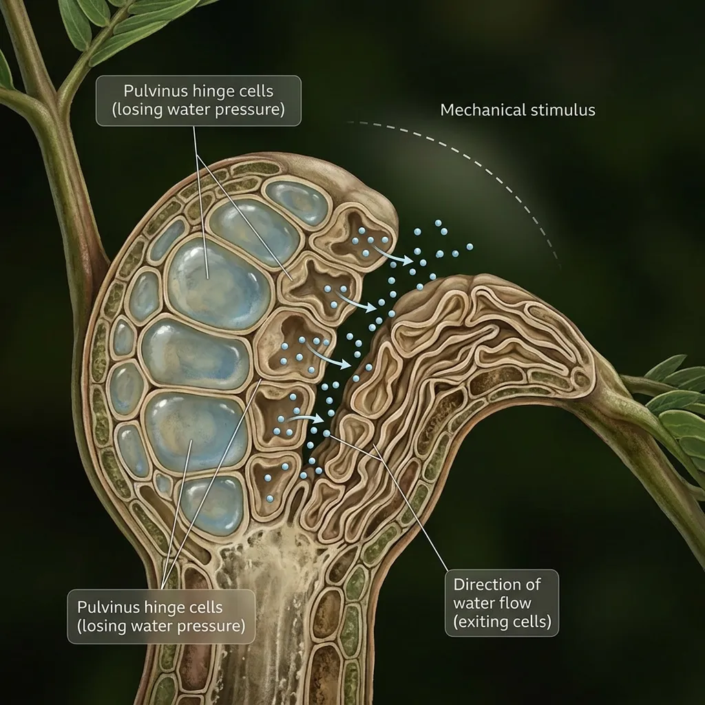 Diagram showing cellular turgor pressure changes in the pulvinus before and after touch