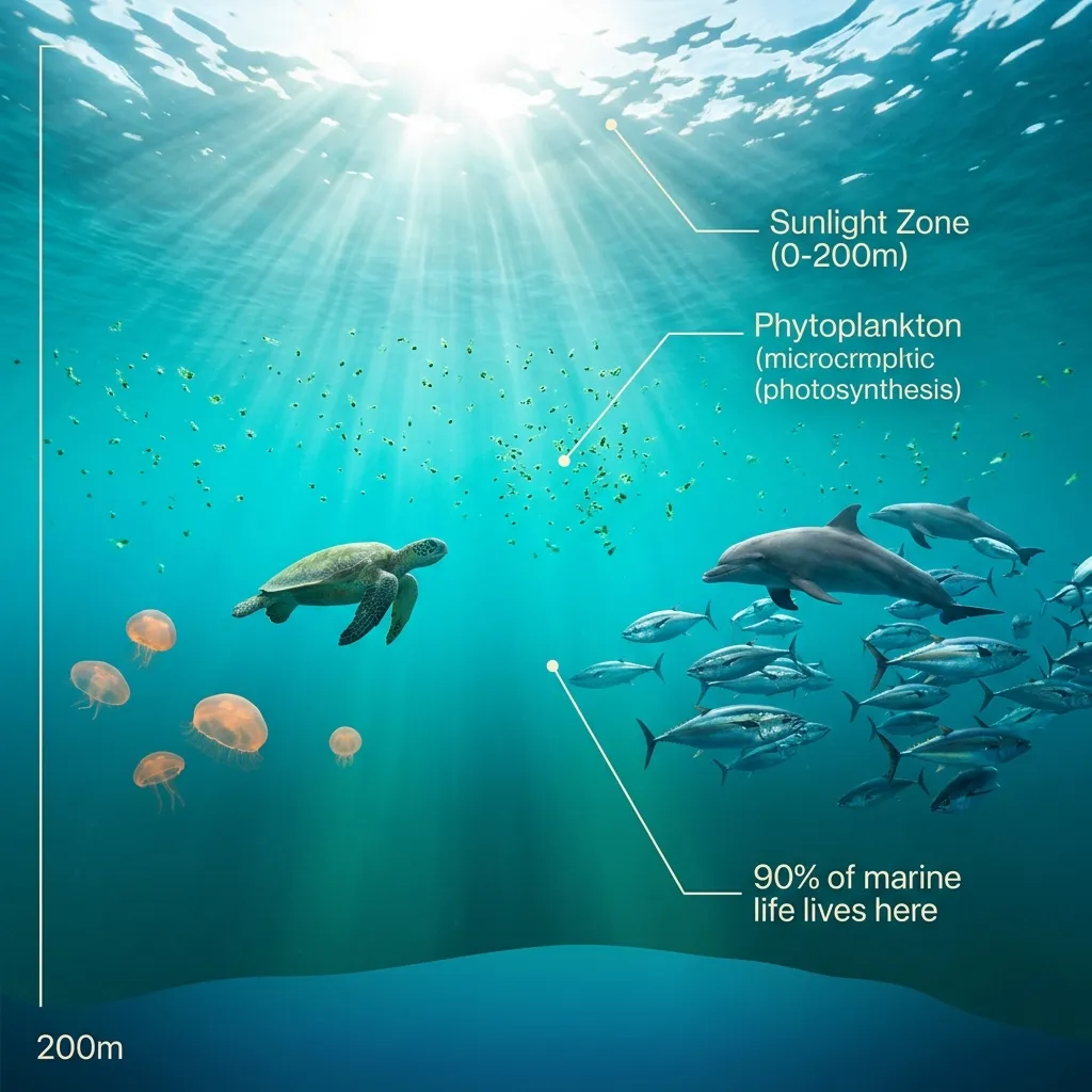 Diagram illustrating 1 The Epipelagic Zone Sunlight Zone Surface to 200m