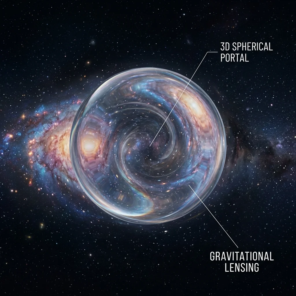 Depiction of a 3D spherical wormhole floating in space