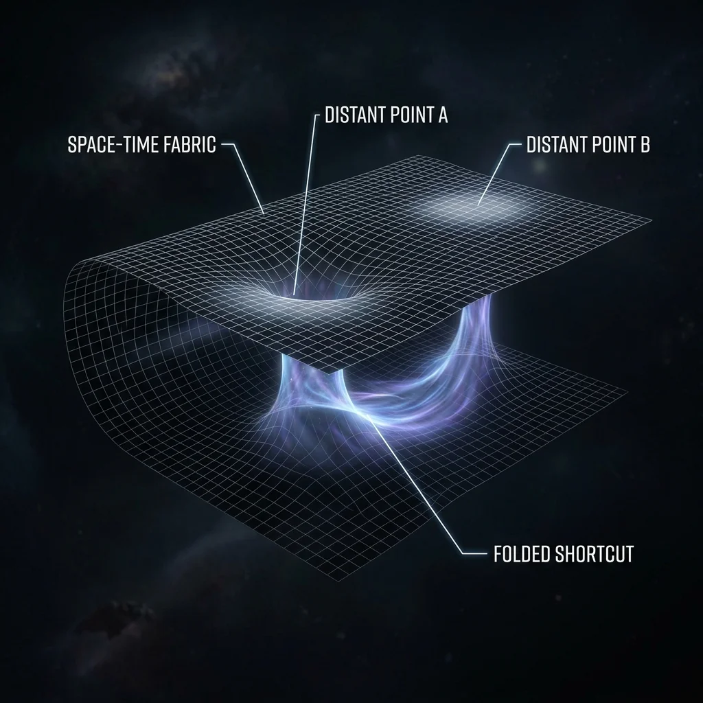 Diagram showing the concept of folding spacetime to create a shortcut
