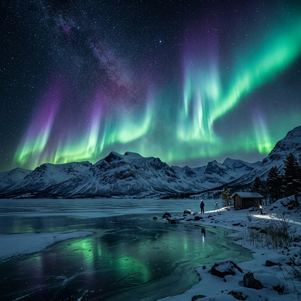 A breathtaking, cinematic BBC Earth style photograph of the Aurora Borealis dancing over a dark arctic landscape