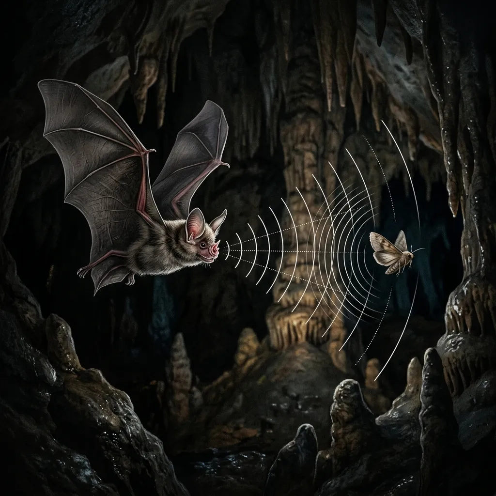 A cinematic illustration of a bat using ultrasonic sound waves to echo off a flying moth