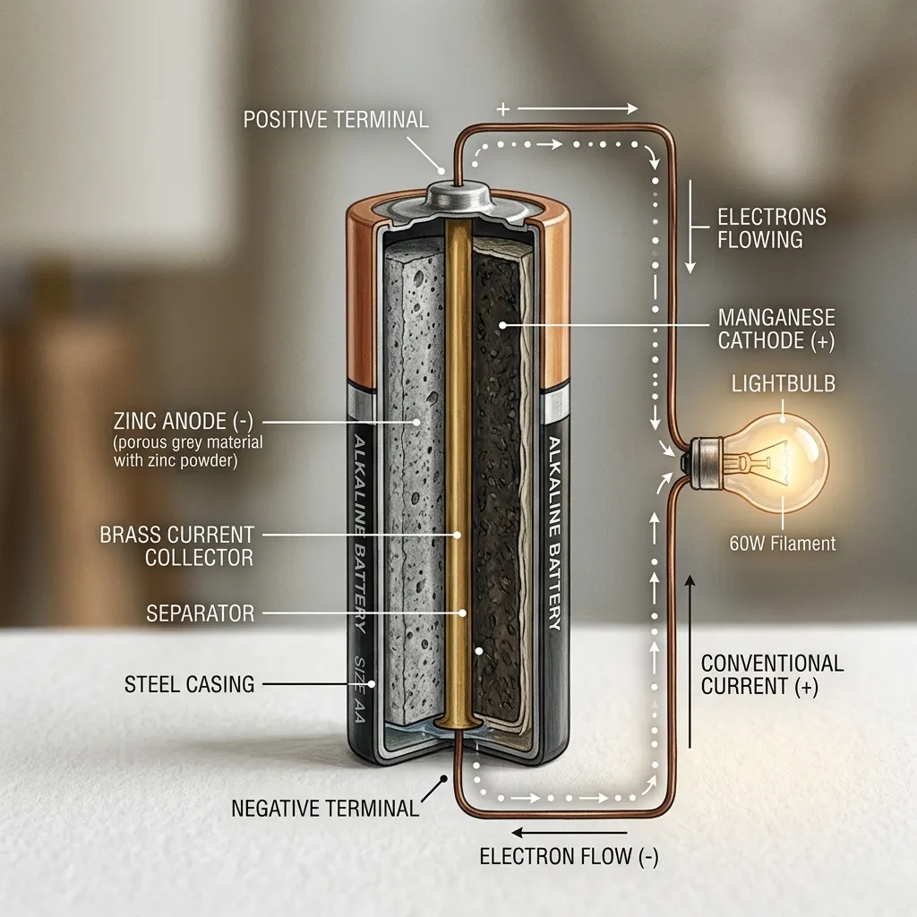 A beautiful cinematic cross-section illustration of an alkaline battery showing the anode, cathode, and electron flow