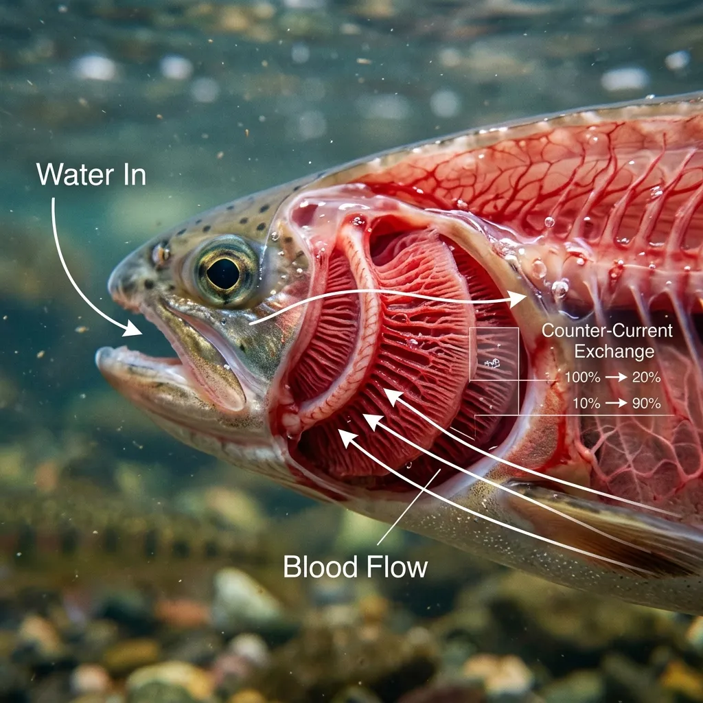 A cinematic medical illustration of a fish's internal gills showing water and blood flowing in opposite directions