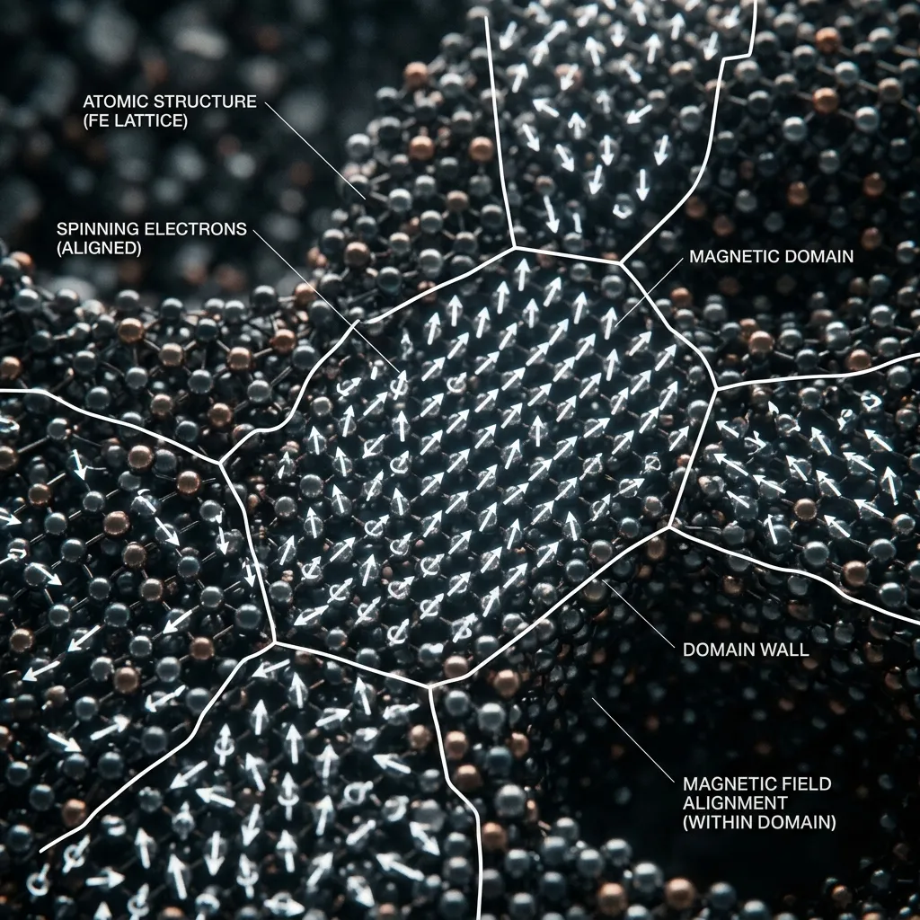 A cinematic illustration of a metal's internal atomic structure showing spinning electrons aligning to form Magnetic Domains