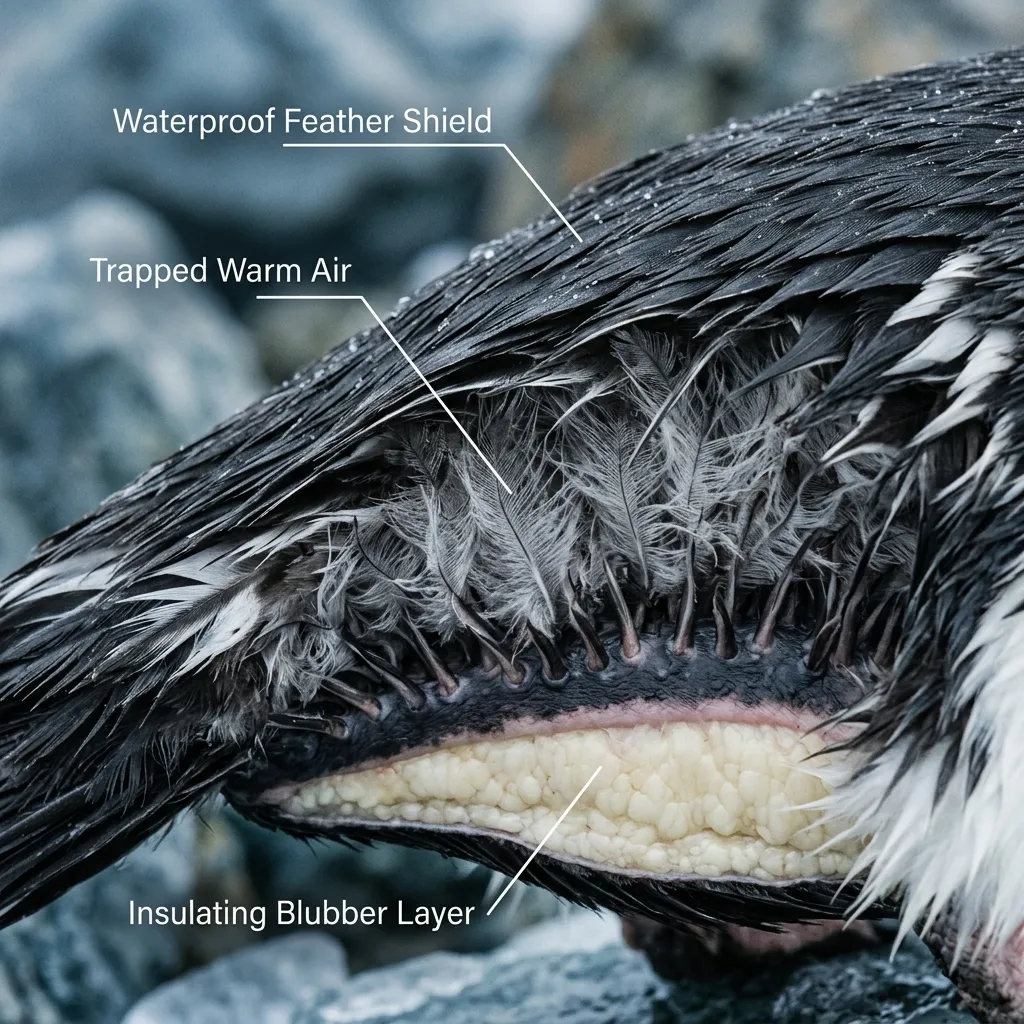 A cinematic extreme macro illustration of a penguin's layered feathers trapping warm air above the blubber