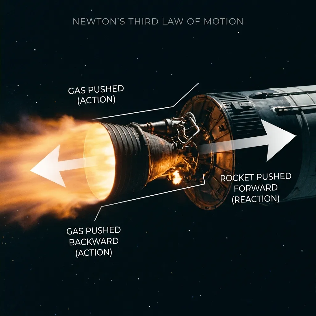 A cinematic illustration of a rocket engine firing in a dark void, showing the action and reaction arrows