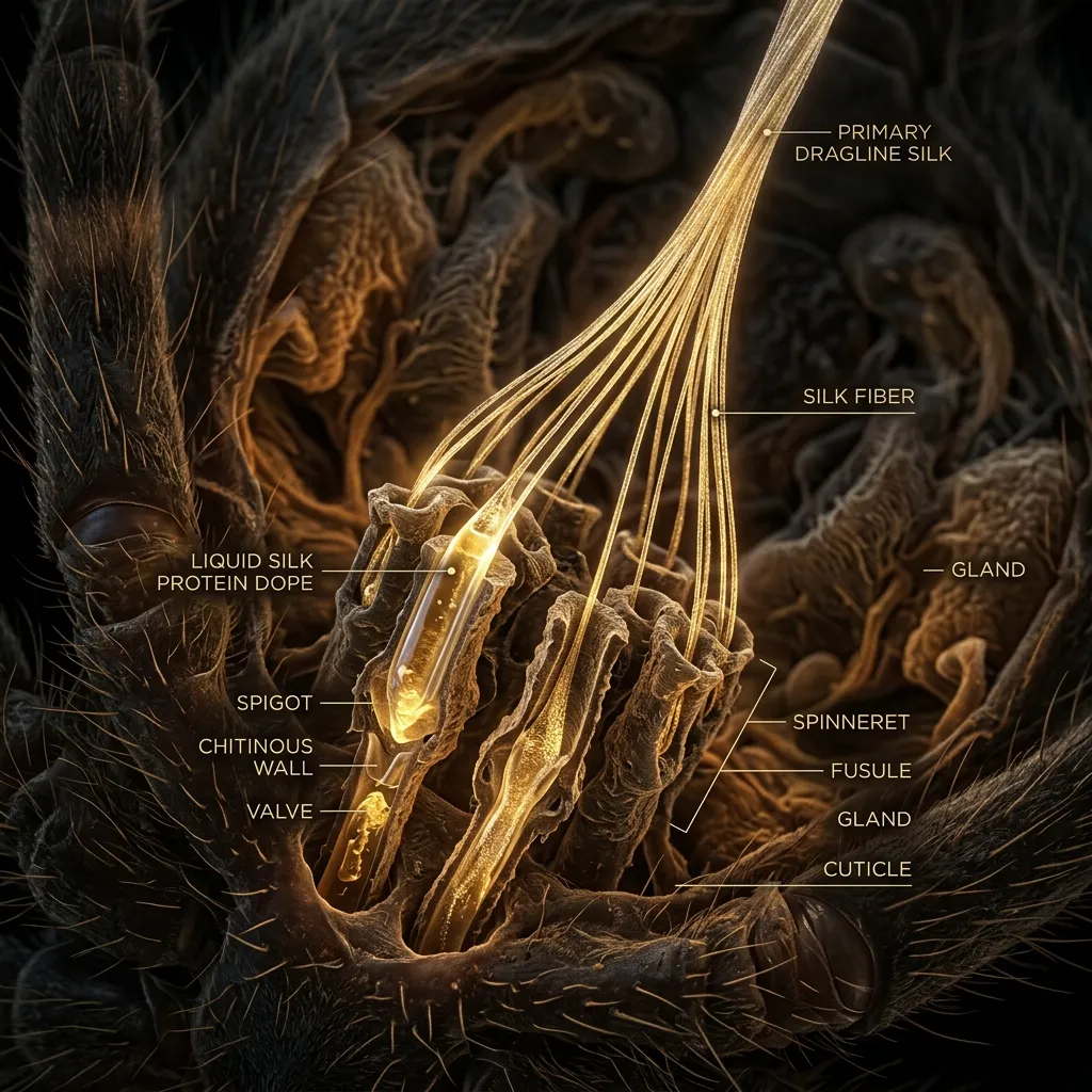 Diagram illustrating the internal silk glands and external spinnerets forming silk thread