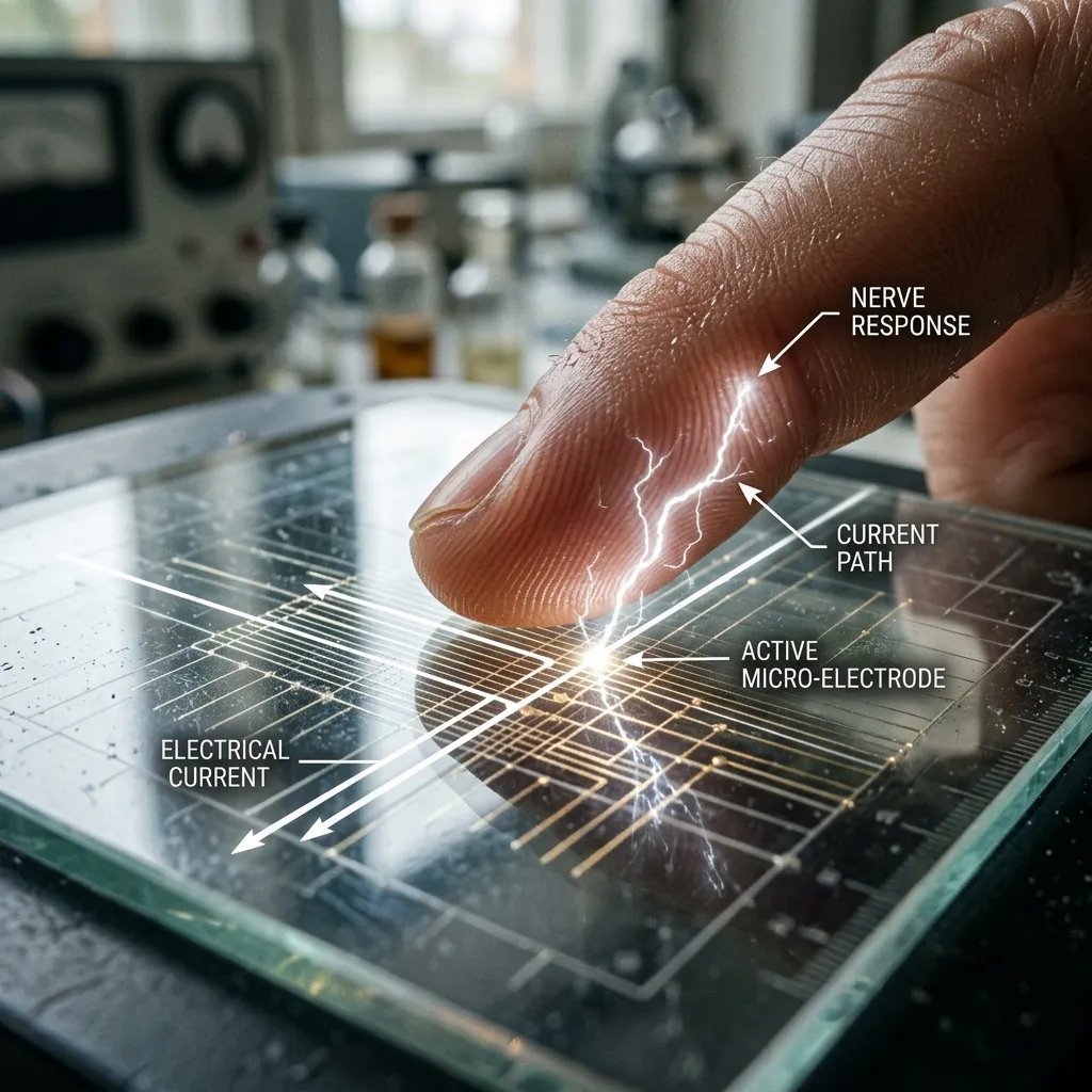 A beautiful, cinematic documentary-style illustration of a microscopic transparent wire grid under a glass screen showing electrical current leaping into a finger