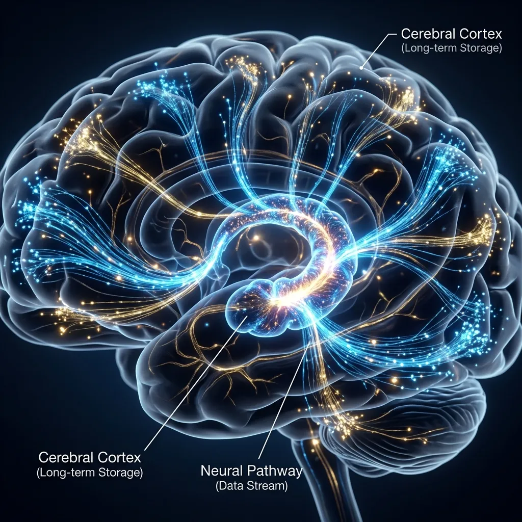 Diagram showing the Hippocampus sorting and storing memories in the brain cortex