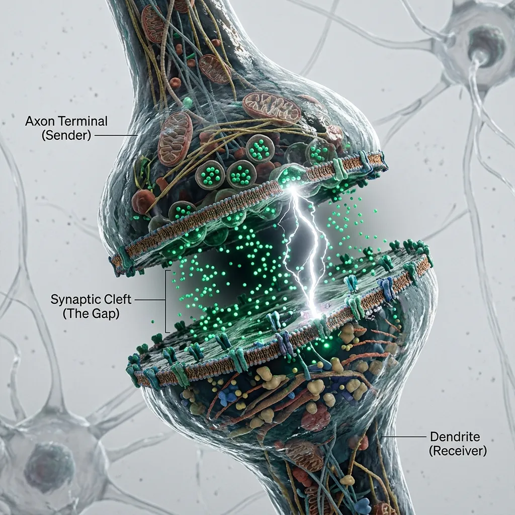 A neural synapse showing neurotransmitters and an electrical spark jumping the gap between neurons