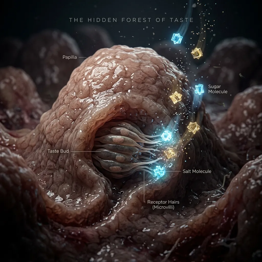 Diagram illustrating microscopic taste buds hidden within the papillae on a tongue