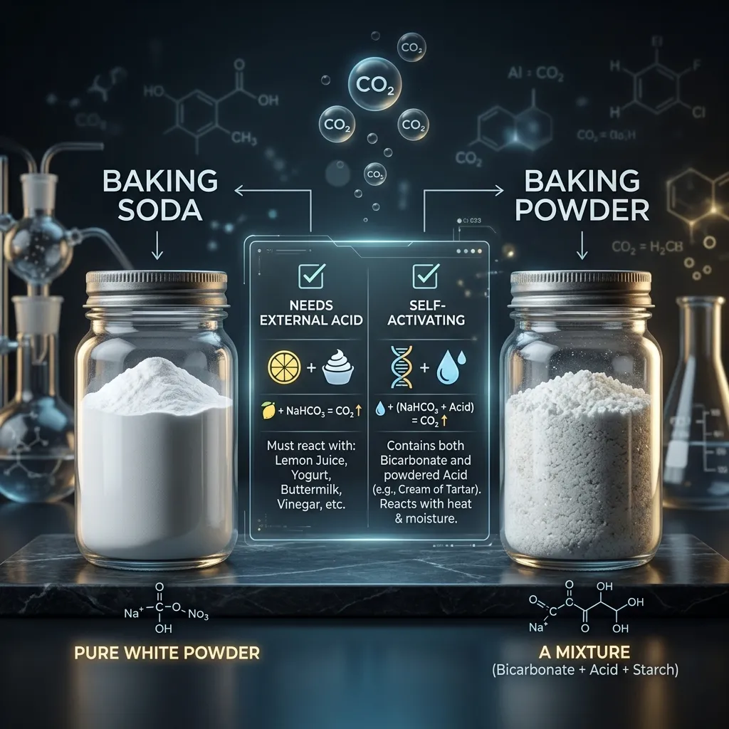 A checklist comparison between Baking Soda and Baking Powder showing activation requirements