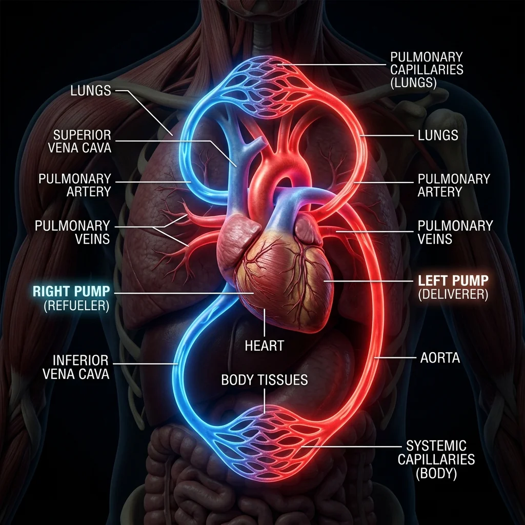 A documentary-style visualization of the human circulatory system showing the Figure-8 double loop