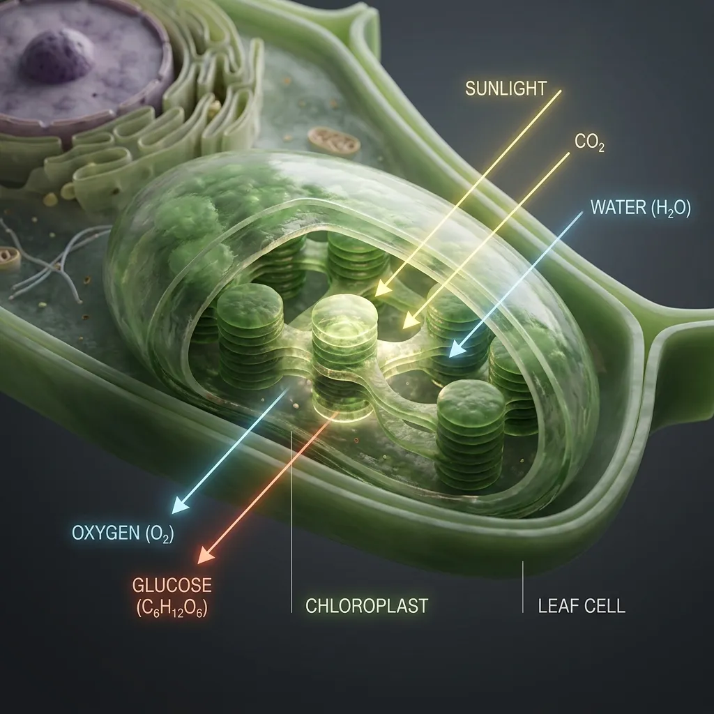The Photosynthesis Process: A cutaway view of a chloroplast showing sunlight and molecular exchange