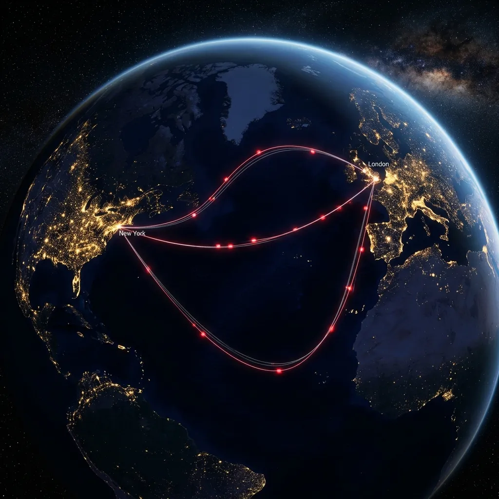 A cinematic map of the Earth at night showing glowing red packet paths across the Atlantic Ocean