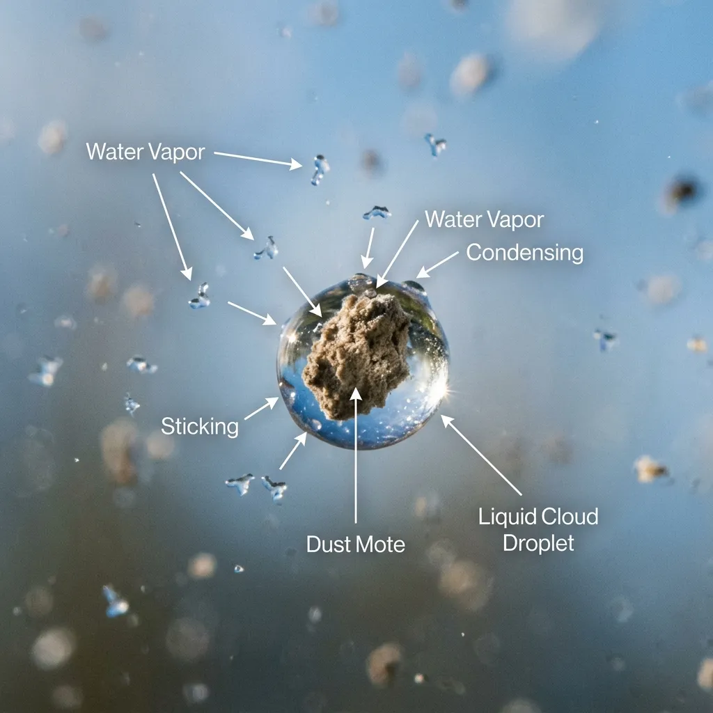 A beautiful cinematic illustration of a microscopic dust mote with water vapor condensing into a liquid droplet
