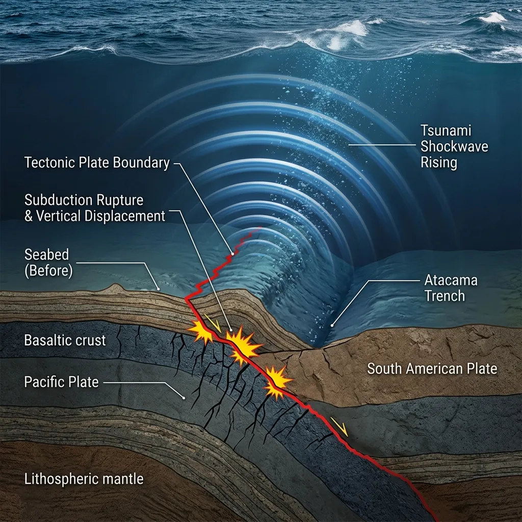 A cinematic documentary illustration of a violent subduction earthquake shifting the seabed and sending a tsunami shockwave upward