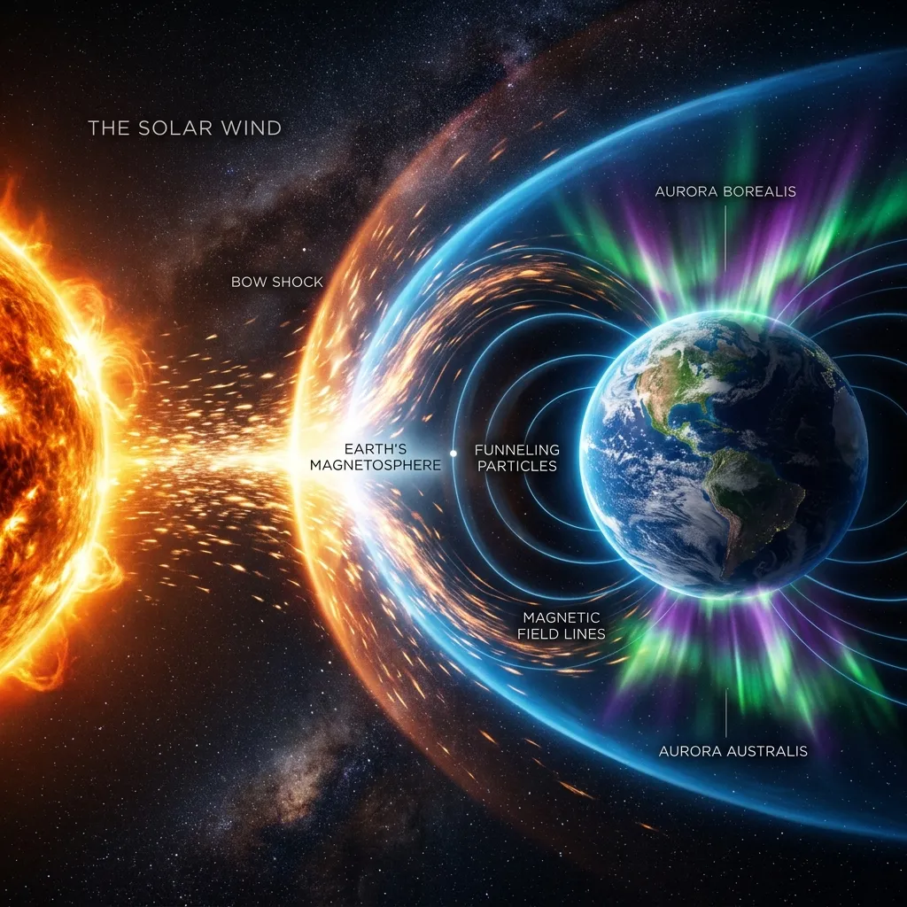 Diagram illustrating the solar wind interacting with Earth's magnetic field