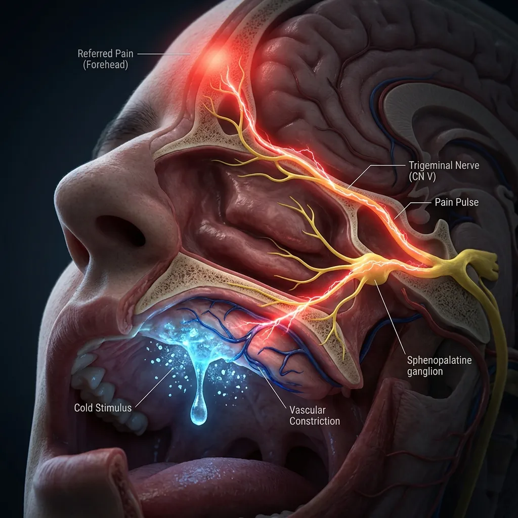 Diagram showing the trigeminal nerve connecting the mouth roof to the brain