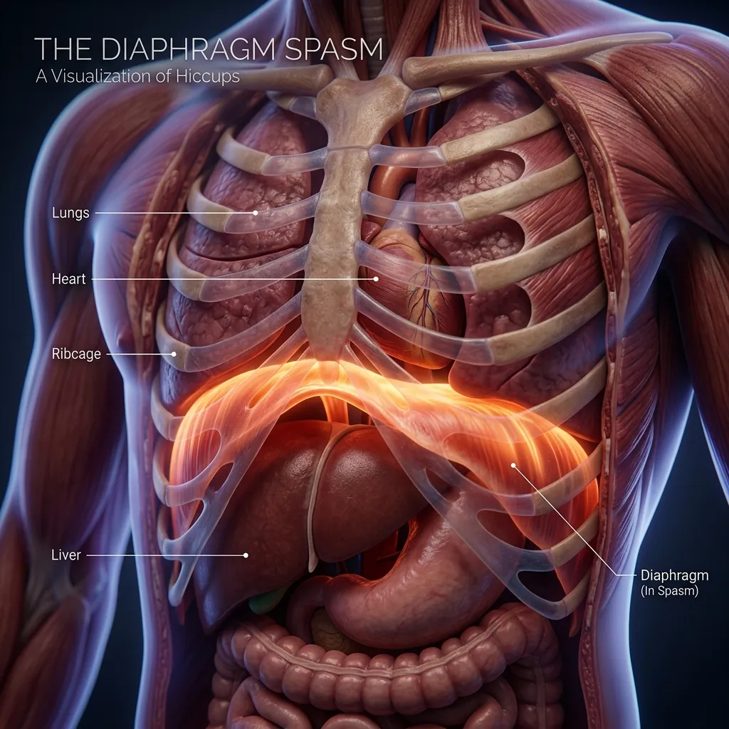 Diagram illustrating the mechanical spasm of the diaphragm muscle in relation to the lungs