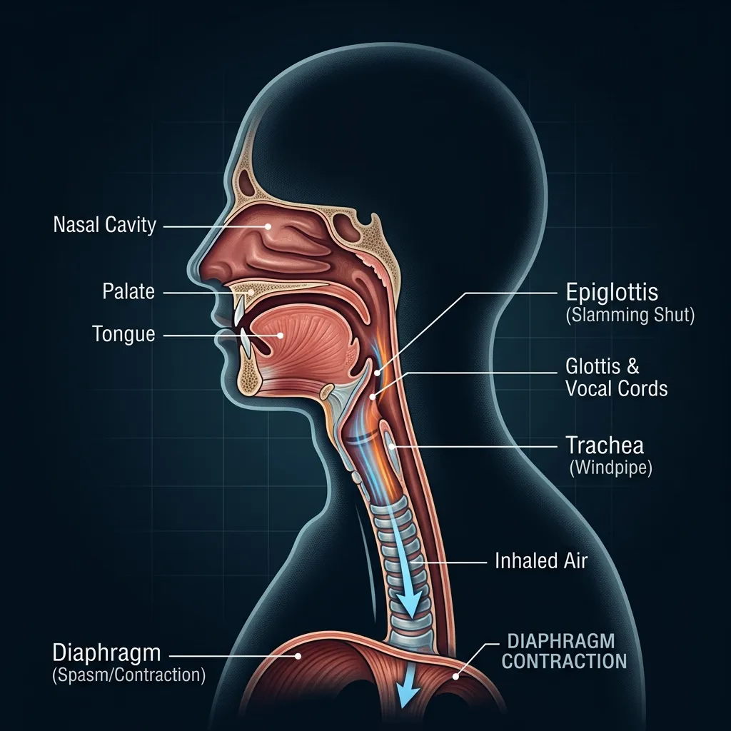 Diagram illustrating the sudden closure of the glottis vocal cords that physically generates the famous hic sound