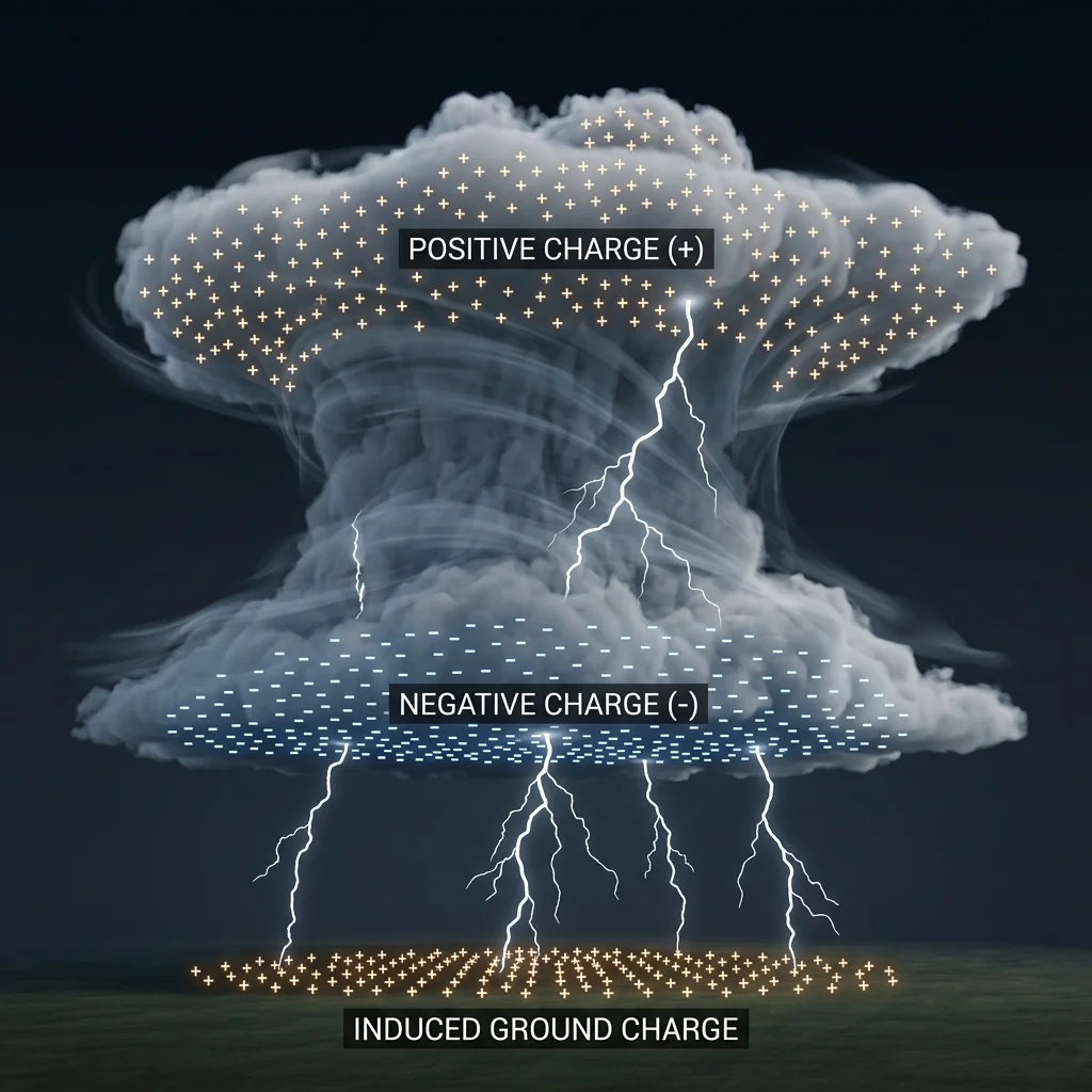 Diagram showing static charges splitting inside a storm cloud