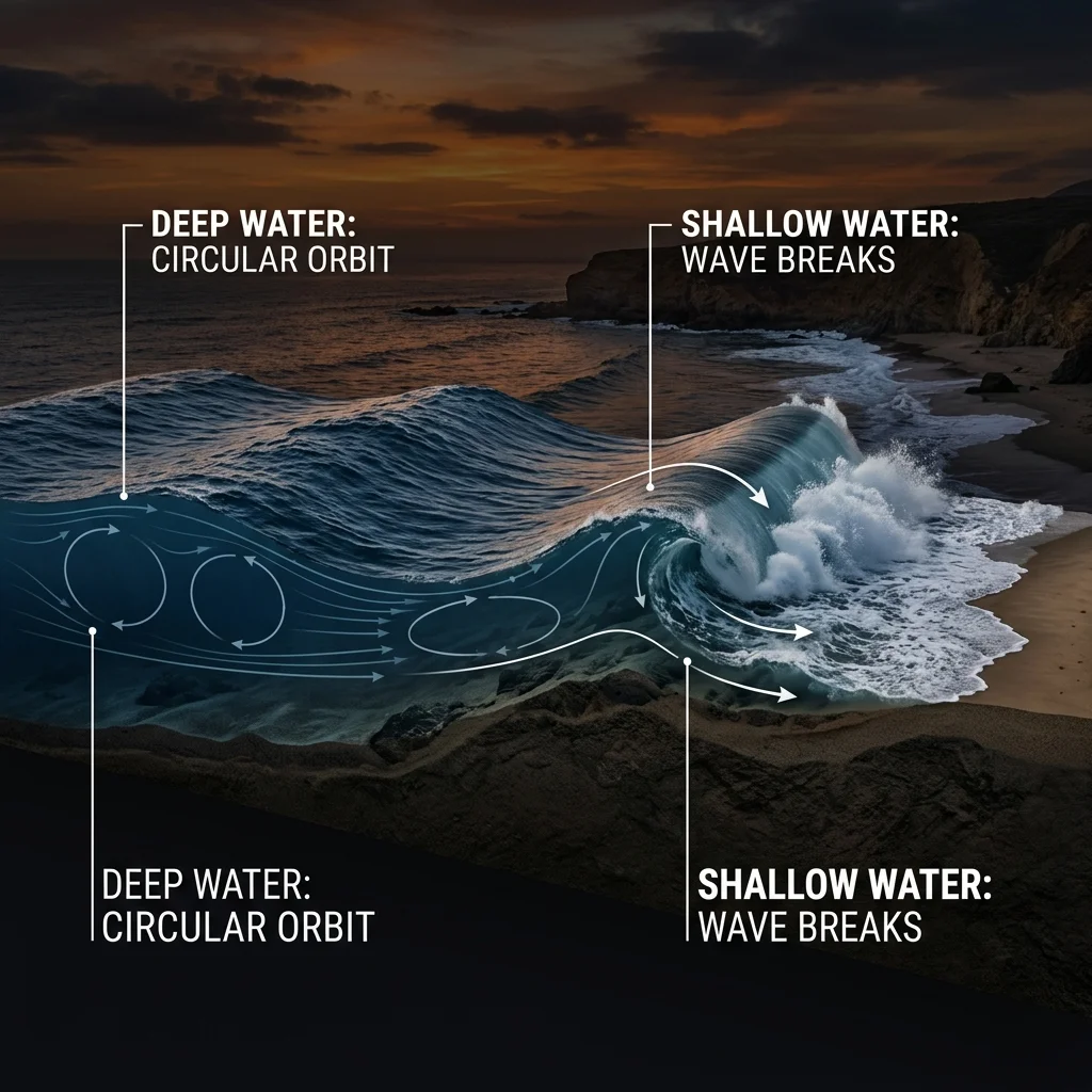 Diagram illustrating how shallow ground slows the bottom of a wave causing it to trip and break