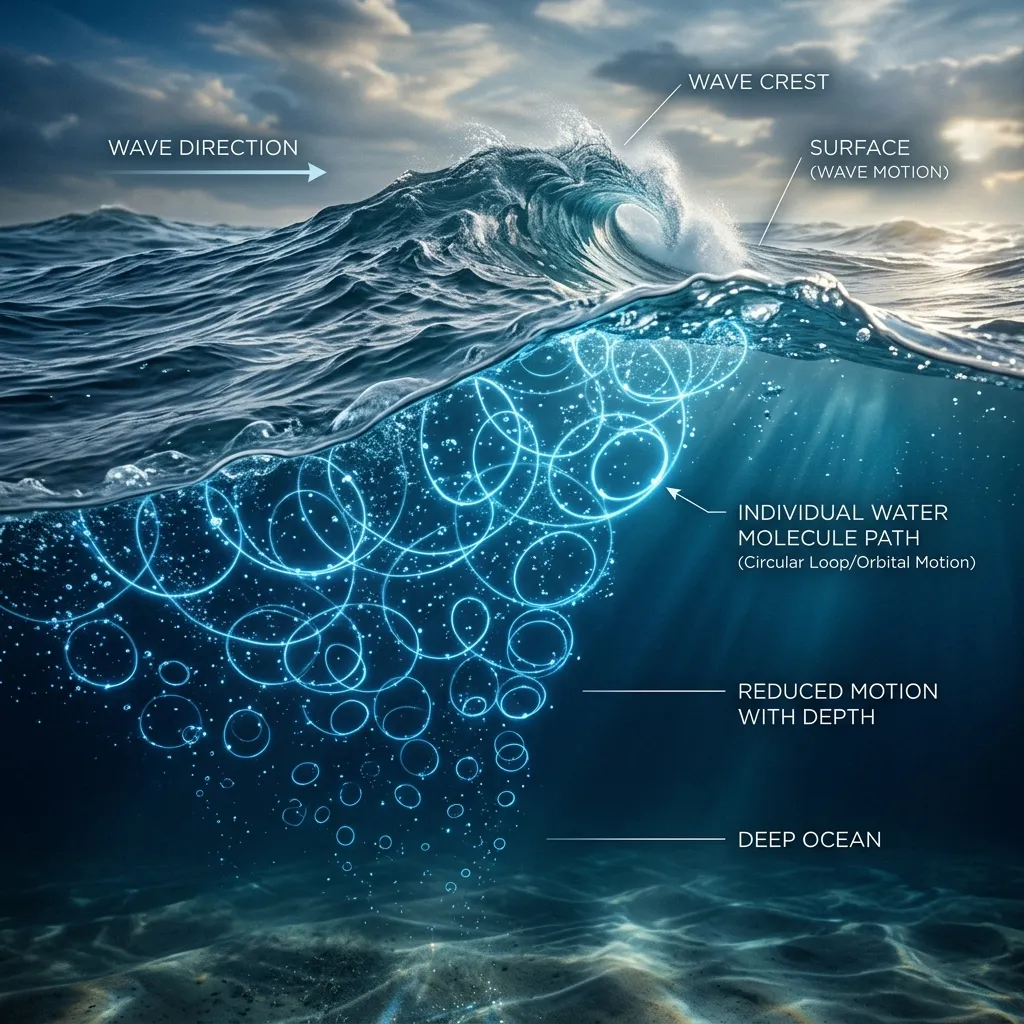 Diagram illustrating the circular motion of water molecules as a wave passes through