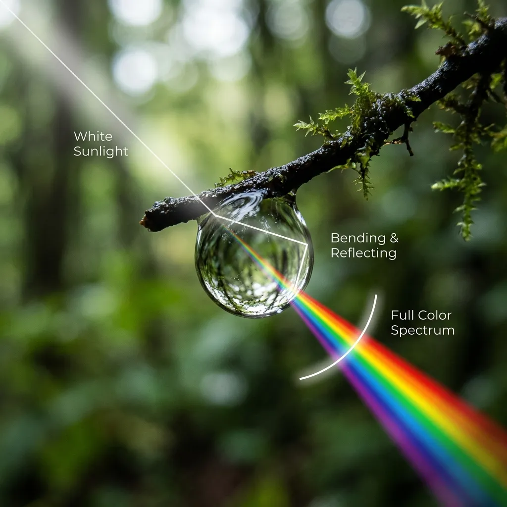A beautiful cinematic illustration of a raindrop bending and reflecting sunlight into a full color spectrum