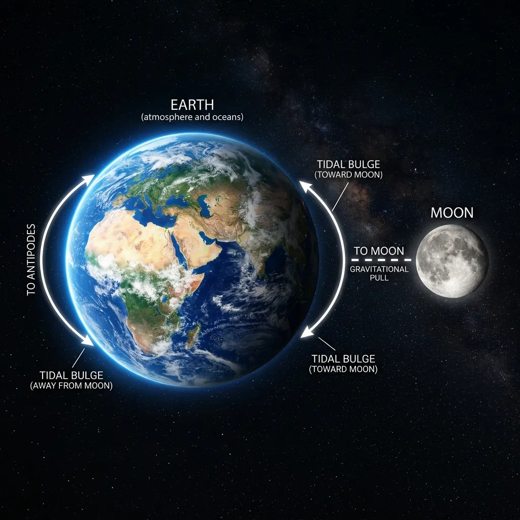A cinematic documentary-style illustration of the Earth from space showing the Moon pulling the ocean into massive bulges