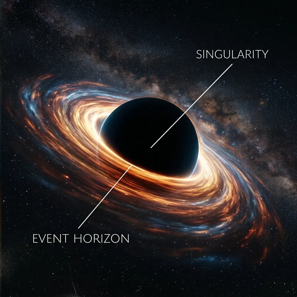 A cinematic visualization of a black hole showing the Event Horizon boundary and the Singularity