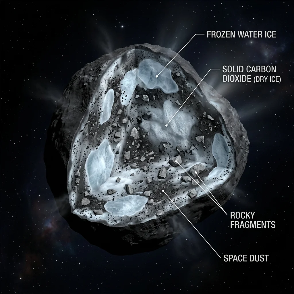 Diagram illustrating the internal structure of a massive ancient comet nucleus