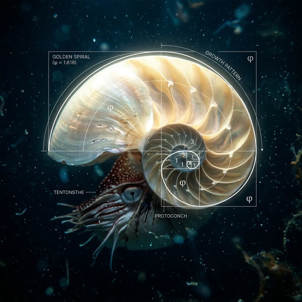 A cinematic illustration of a glowing nautilus shell perfectly mapping the Golden Spiral