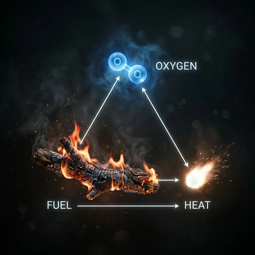 A cinematic documentary-style visualization of the Fire Triangle: Fuel, Oxygen, and Heat