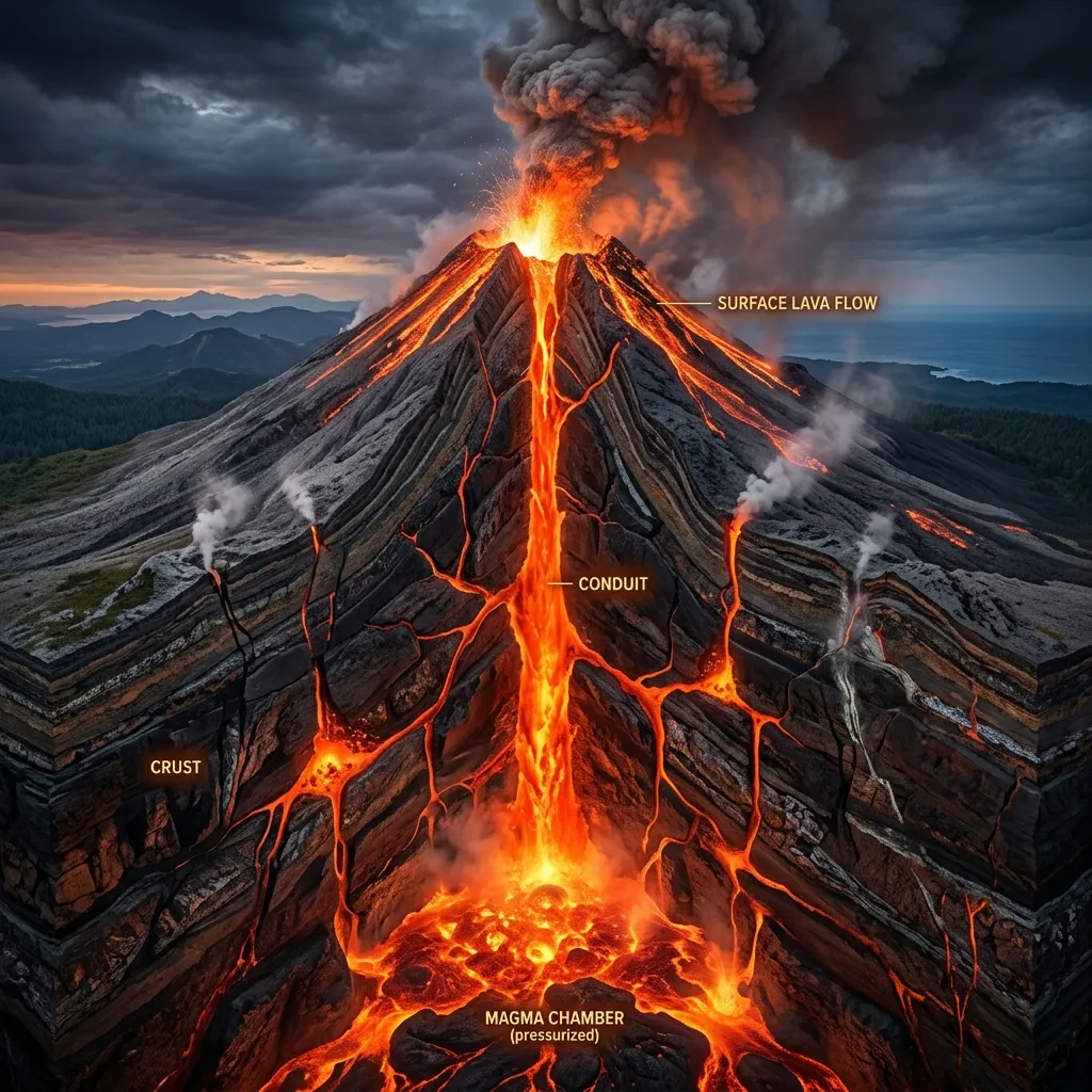 Diagram illustrating the extreme underground pressure driving magma up to become surface lava