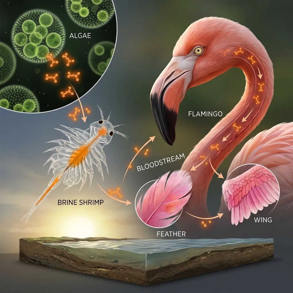Diagram illustrating carotenoids transferring from algae to brine shrimp to the flamingo biology