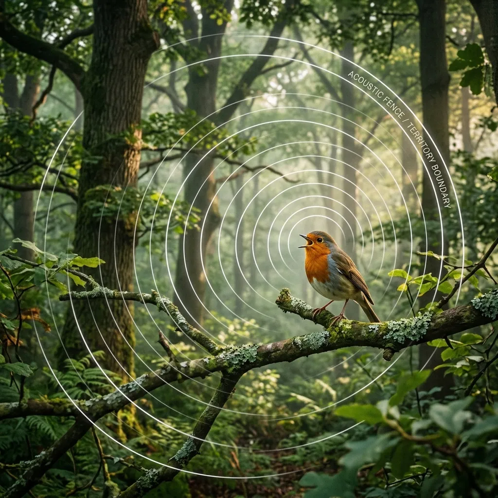 A cinematic documentary-style illustration of a forest showing soundwaves radiating from a bird to create an Acoustic Fence